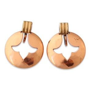 Vintage Copper Brass Trefoil Screw Back Earrings Fleur-De-Lis Mid-Century Modern